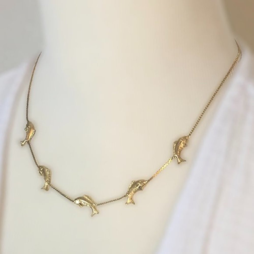 !!ISO!! Vintage Fish Necklace Gold-tone Flat Curb Chain